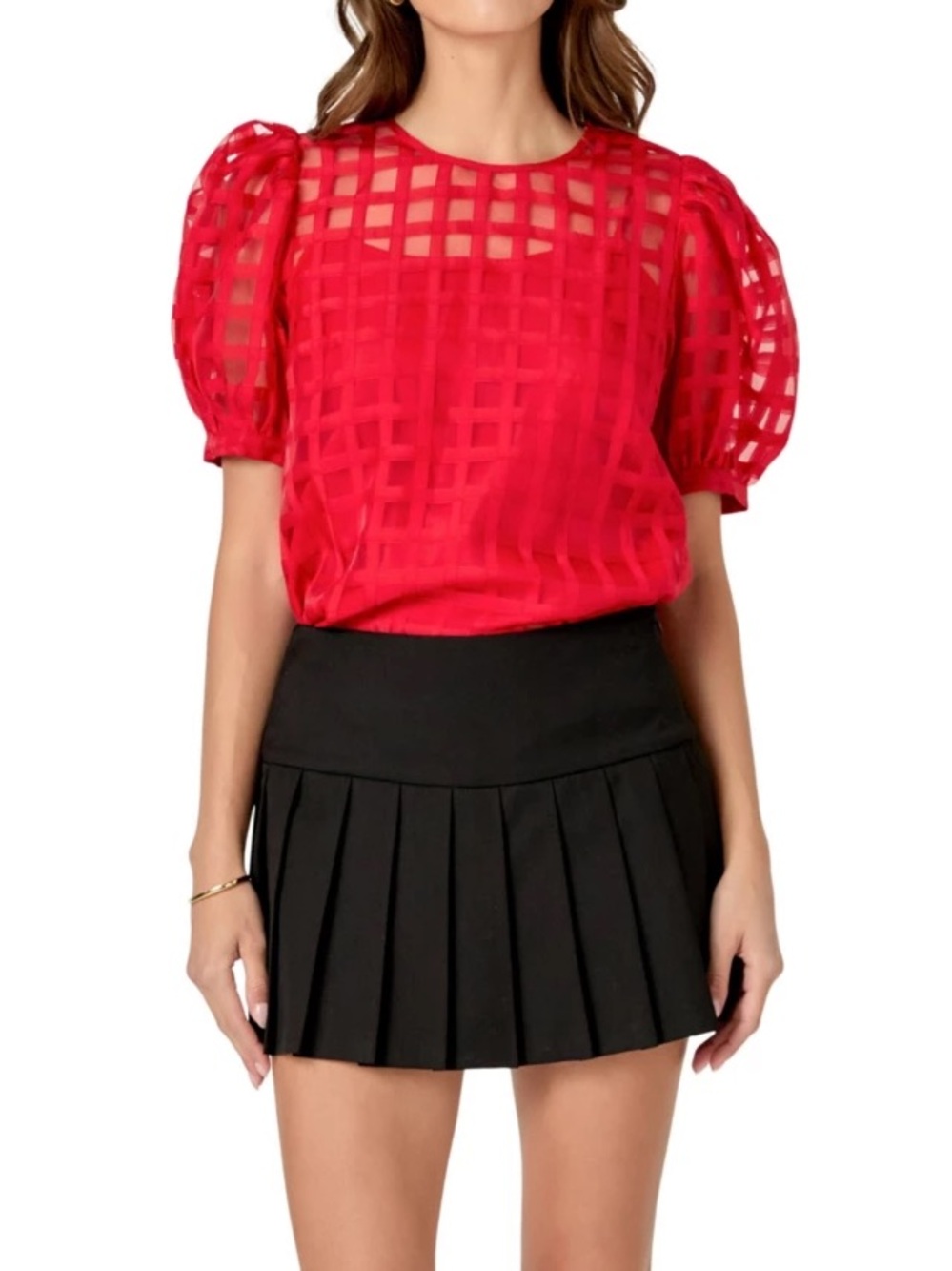 NWT English Factory Puff Sleeve Sheer Plaid Blouse - Picture 1 of 4